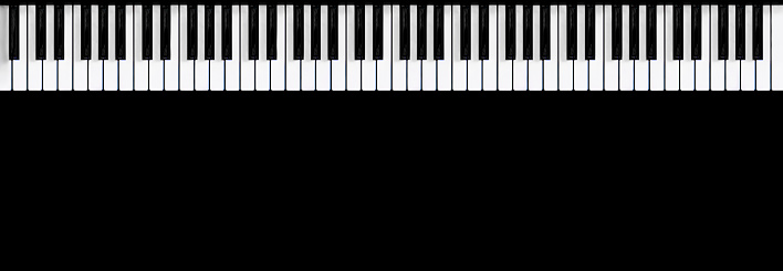 Top view of 88 key piano, black background.