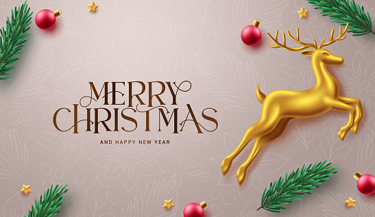 Merry christmas greeting text vector design. Christmas and happy new year greeting card with gold deer, xmas balls and pine tree spruce ornaments in pattern background. Vector illustration holiday season invitation card.