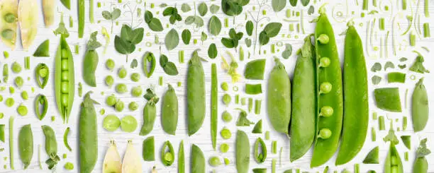 Pea and Pod vegetable piece, slice and leaf collection. Flat lay, seamless abstract on wooden background.