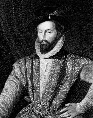 Sir Walter Raleigh (1552 – 1618) was an English aristocrat, writer, poet, soldier, courtier, spy, and explorer. Engraved by J. Pofselwhite and published in Lodge's British Portraits encyclopedia, United Kingdom, 1823.Very high resolution available + 33 megapixels