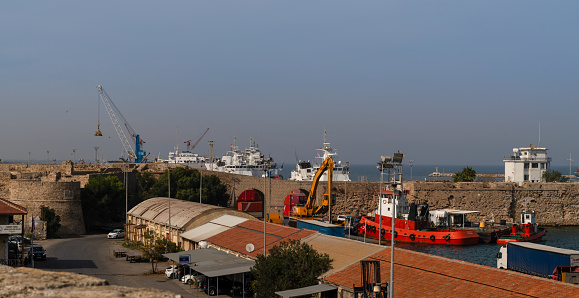 Famagusta (Gazimagusa in Turkish), North Cyprus - October 26, 2023: Aerial view of the port of Famagusta and its surroundings