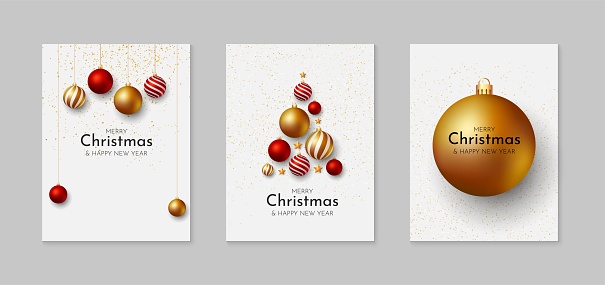 Set of Christmas and New Year cards. Holiday background design with christmas decorations. Illustration template for greeting, invitation, brochure, cover. Vector