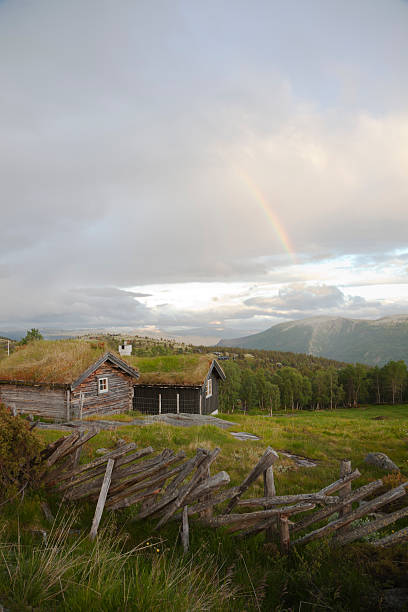 istock Summer farm at sunset with rainbow. 181091146