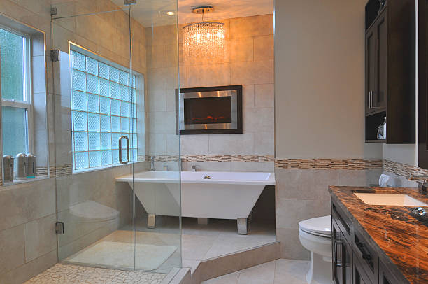 istock Interiors of luxurious bathroom with a marble tabletop 181091210