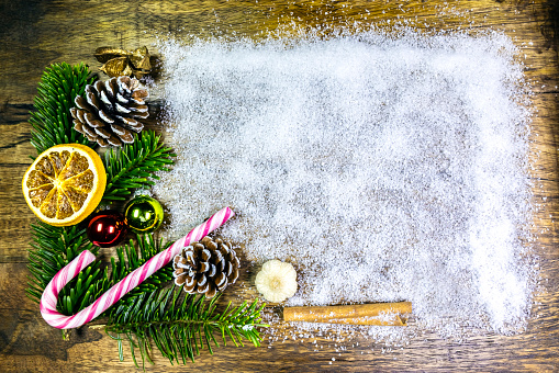 Christmas decorations on rustic wooden table