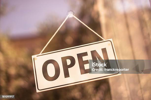 Open Sign Of A Commercial Shop Stock Photo - Download Image Now - Open Sign, Store Window, Store