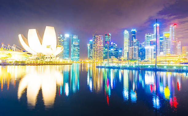 vista panorámica del paisaje urbano de singapur - merlion singapore marina bay lighting equipment fotografías e imágenes de stock