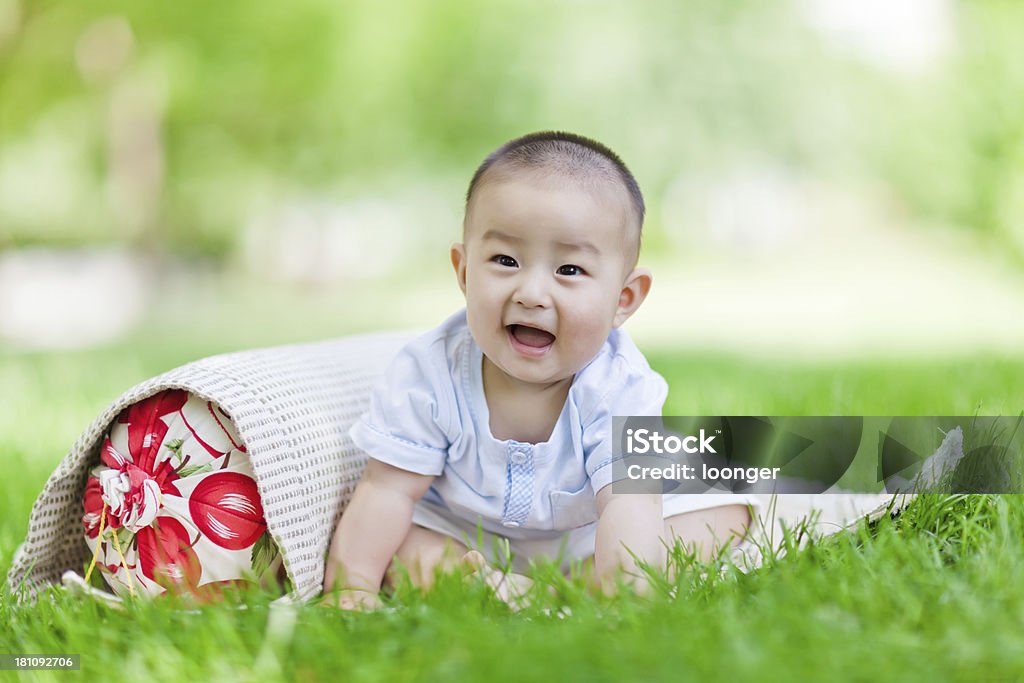 Asiatica dolce piccolo bambino seduto su prato - Foto stock royalty-free di 0-11 Mesi