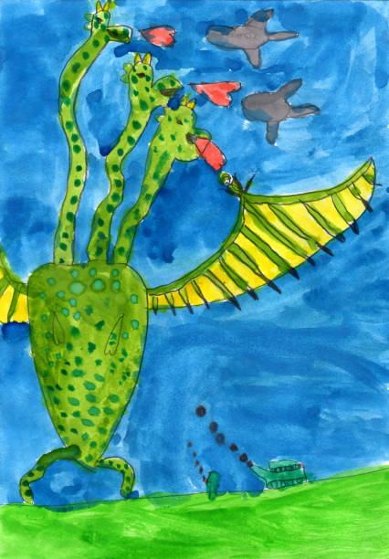 istock Watercolor painted fire-breathing 3-headed dragon burning enemy soldier, attacking warplanes and trampling tanks on the battlefield 1810929282