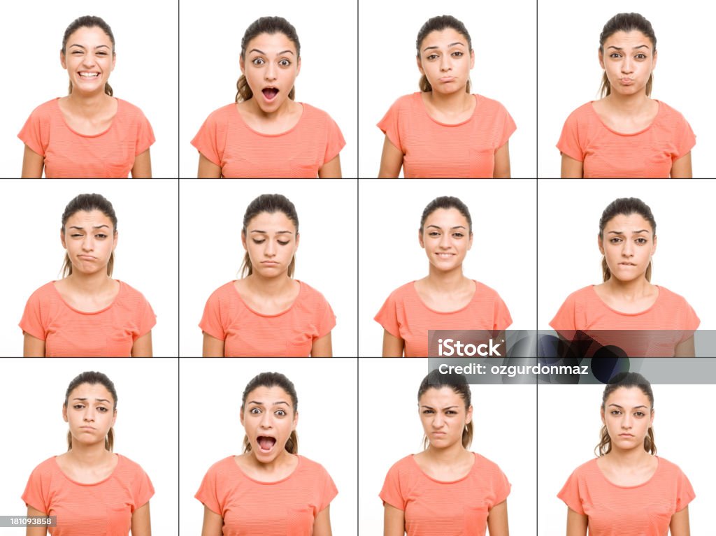 Expresiones faciales mujer joven haciendo - Foto de stock de Expresión facial libre de derechos