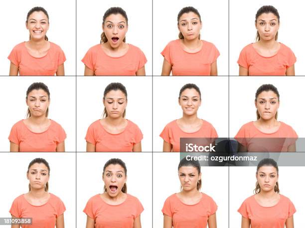 Expresiones Faciales Mujer Joven Haciendo Foto de stock y más banco de imágenes de Expresión facial - Expresión facial, Montaje - Imagen compuesta, Mujeres jóvenes