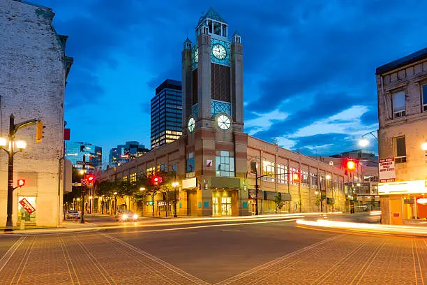 Hamilton City Centre shopping mall with its clock tower on the corner of York Boulevard and James Street North in Downtown Hamilton, Ontario, Canada.