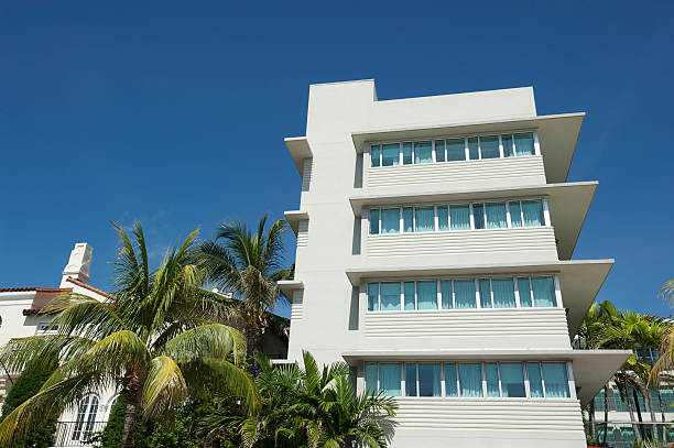 bâtiment art déco de miami beach sur ciel bleu de palmiers - beach 2013 usa sky photos et images de collection