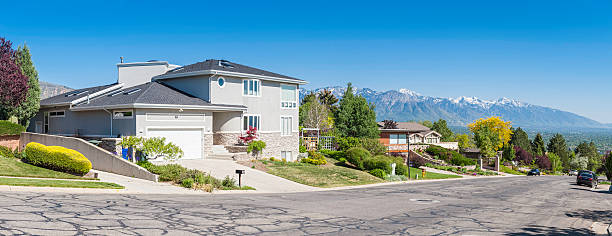 Luxury suburban homes with mountain view panorama USA