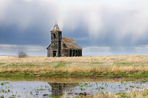 Old wooden church is the only structure still standing in the ghost town of Dooley, Montana.