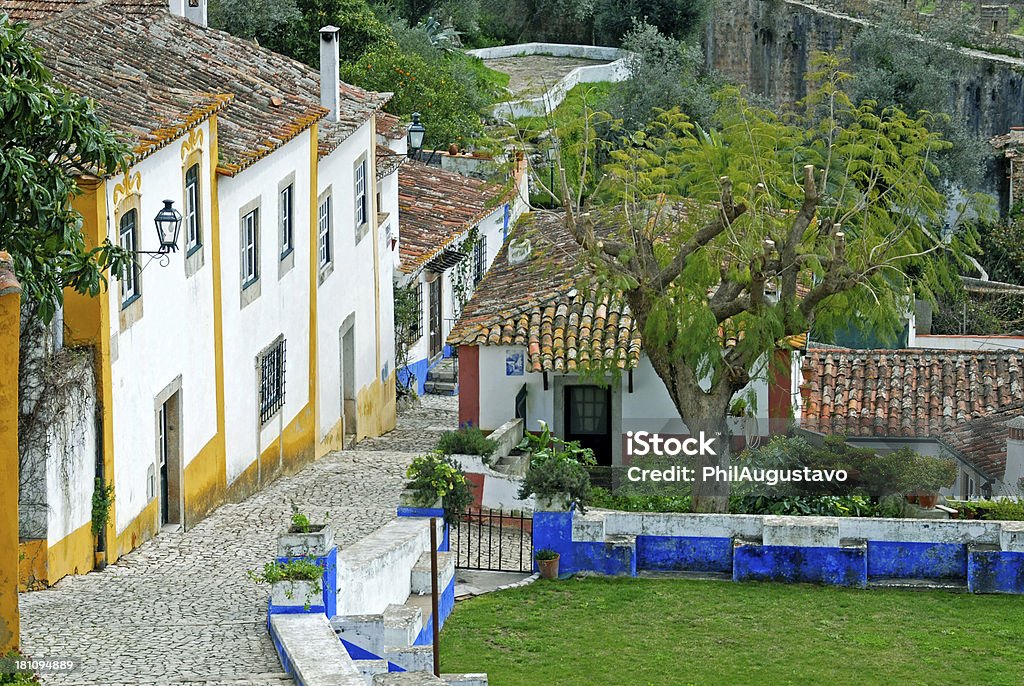 Cobblestone path in walled Portuguese town of Obidos Cobblestone path leading past houses in scenic and historic walled town of Obidos, Portugal Obidos Stock Photo