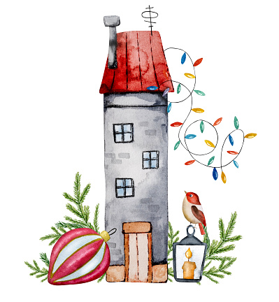 Old Cottage With Christmas Decorations In Winter Is A Hand-Drawn Watercolor Painting