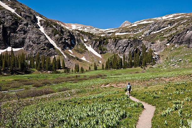 istock Woman Hiking to Upper Ice Lakes Basin 181096892