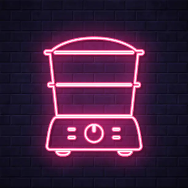 Vector illustration of Food steamer. Glowing neon icon on brick wall background