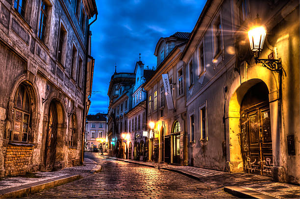 HDR image of an old cobbled street in Prague Europe stock photo