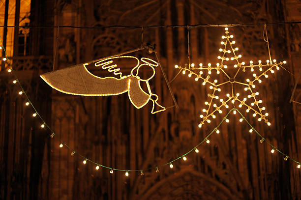 Christmas decorations at night, Strasbourg, France, with the cathedral in the background