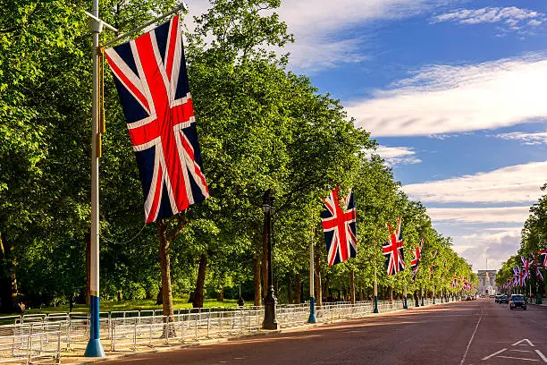 Festive decoration with Union Jack flags on The Mall leading to Buckingham Palace.