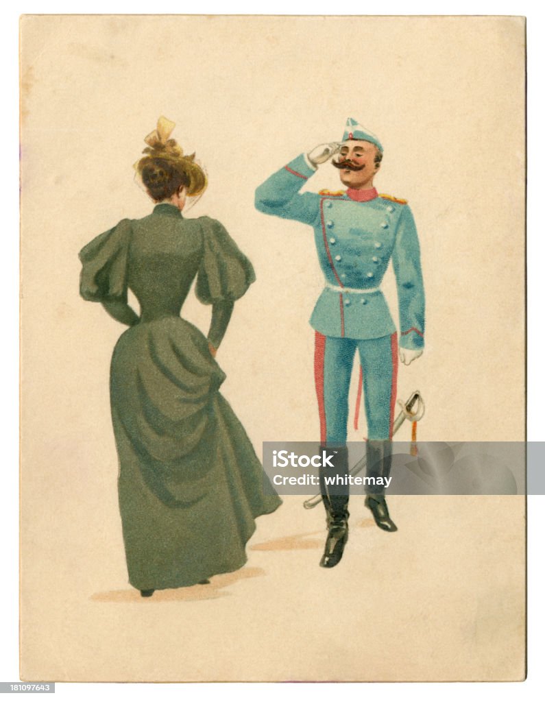 Carte de vœux avec style victorien et femme soldat saluant, de 1896 - Illustration de Style victorien libre de droits
