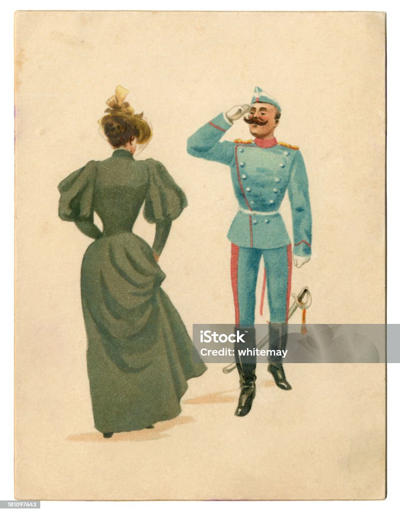 Victorian Cartão de saudação com o advento de soldier e lady, 1896 - Ilustração de Estilo Vitoriano royalty-free