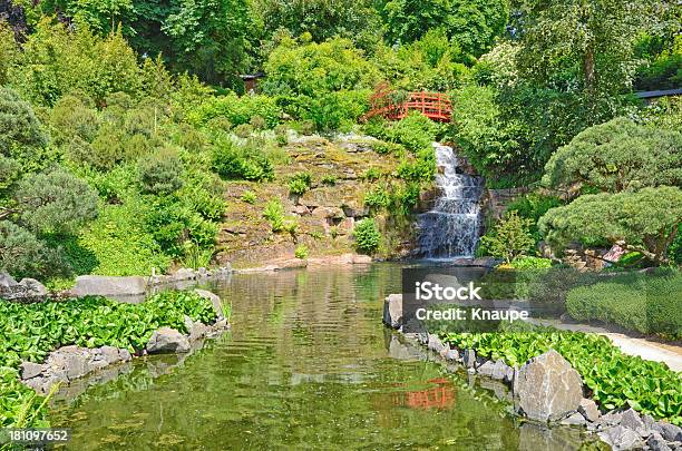 Rojo De Un Puente Peatonal Con Cascada Y Lago En Jardín Japonés Foto de stock y más banco de imágenes de Agua