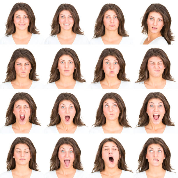 istock Expressive brown hair woman emotion set collection on white 181097691