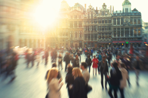 Tourists flock to Grand Place in Brussels in a Lensbaby selective focus view of the square