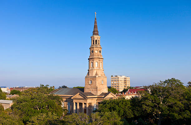 St. Philip's Episcopal Church On A Sunny Day In Downtown Charleston, South Carolina, USA.  The Church Was Built In 1836 And The Spire Was Completed In 1850.