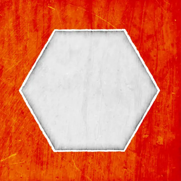 Vector illustration of Bright vibrant smudged red orange coloured blotched, rough, textured effect rustic and smudged blank square vector backgrounds with subtle texture and one light pastel grey faded white painted hexagon shape as graffiti or mural