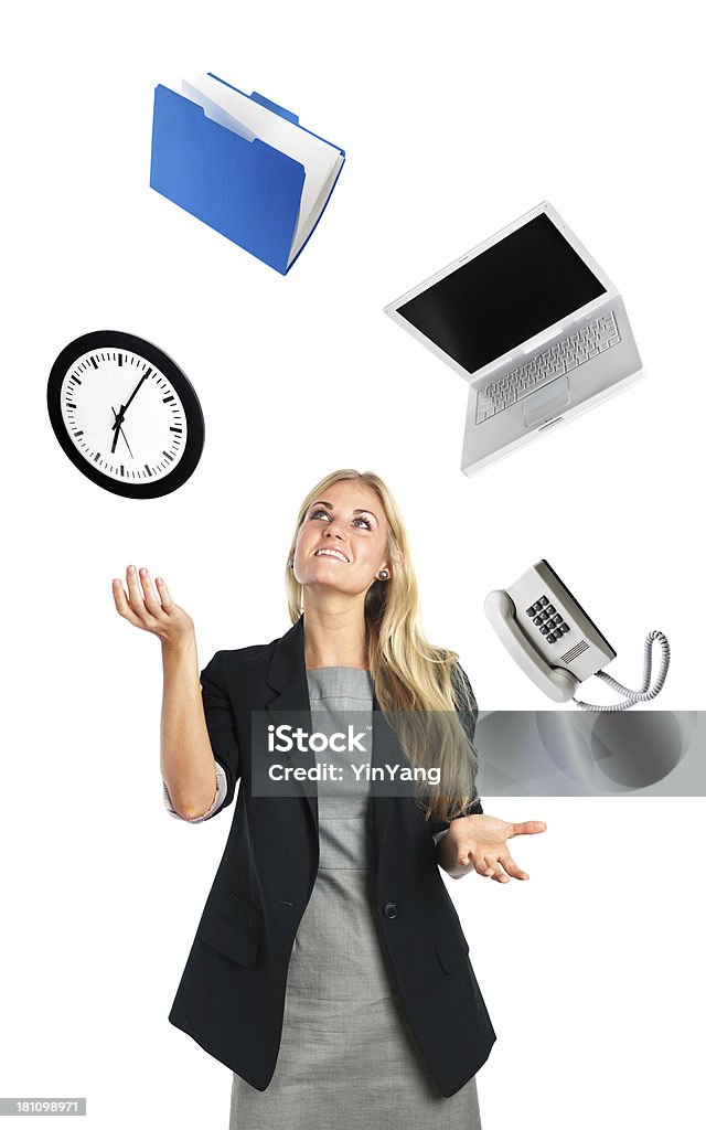 Businesswoman Juggling Act of Busy Work life "Subject: A business person, businesswoman juggling and multi-tasking her work life, time and deadlines. Isolated on a white background." Juggling Stock Photo