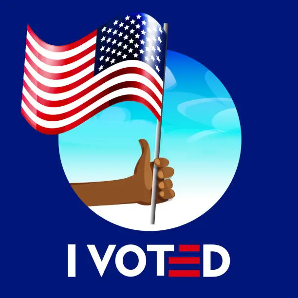 Vector illustration of Election voting concept in flat style. Vote in the USA, banner design. An African American man's hand holding an American flag on a sunny clear day. Poster for voting in elections.