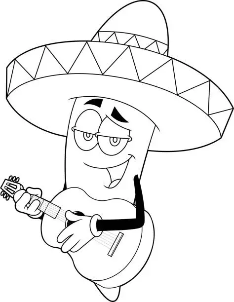 Vector illustration of Outlined Mexican Hot Chili Pepper Cartoon Character Singing With A Guitar