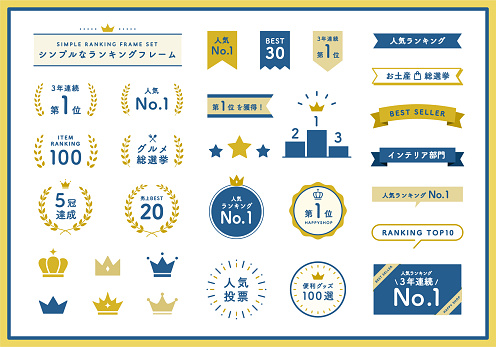 A set of simple ranking frames.
The Japanese text is sample text and has no particular meaning.
Illustrations related to banners, decorations, rankings, winners, icons, ribbons, first place, etc.