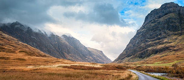 Panoramic view looking north up Glen Etive by Glencoe.