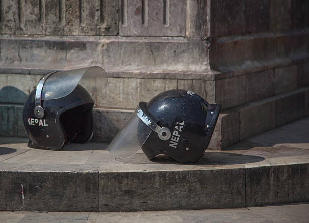 Nepal Police riot helmets stock photo