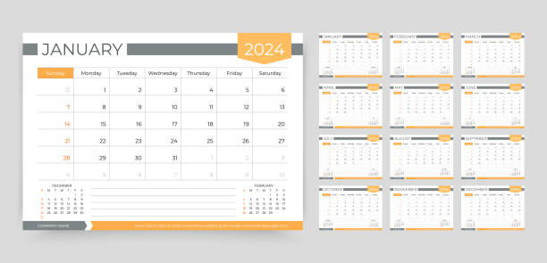 Calendar 2024 year. Planner template. Monthly grid calendar. Vector illustration. 2024 calendar. Planner template. Week starts Sunday. Yearly calender organizer layout. Desk schedule grid. Table monthly diary with 12 month. Vector illustration. Paper size A5. Horizontal design. may 24 calendar stock illustrations