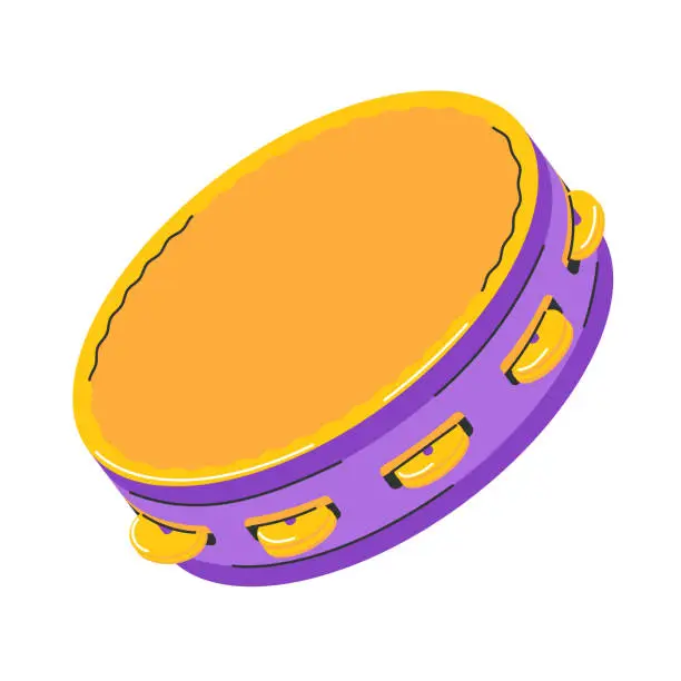 Vector illustration of Tambourine. Percussion Musical instrument. A symbol of Mardi Gras, Brazilian carnival, festival. Flat decorative element. Vector illustration isolated on a white background.