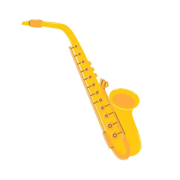 Vector illustration of Yellow saxophone. Wind Musical instrument. Simple hand drawn clipart. Flat Vector illustration isolated on a white background.