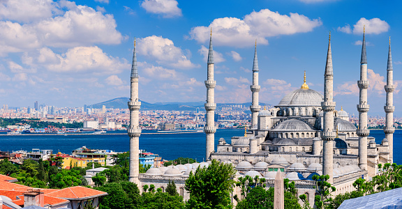 XXXXL size - 51MPix Panoramic view of  Sultan Ahmed Mosque (Sultanahmet Camii) is known as the Blue Mosque for its blue interior,  Istanbul, Turkey.