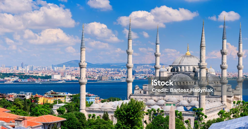 The Blue Mosque in late afternoon sun, Istanbul, Turkey, 51MPix XXXXL size - 51MPix Panoramic view of  Sultan Ahmed Mosque (Sultanahmet Camii) is known as the Blue Mosque for its blue interior,  Istanbul, Turkey. Aerial View Stock Photo