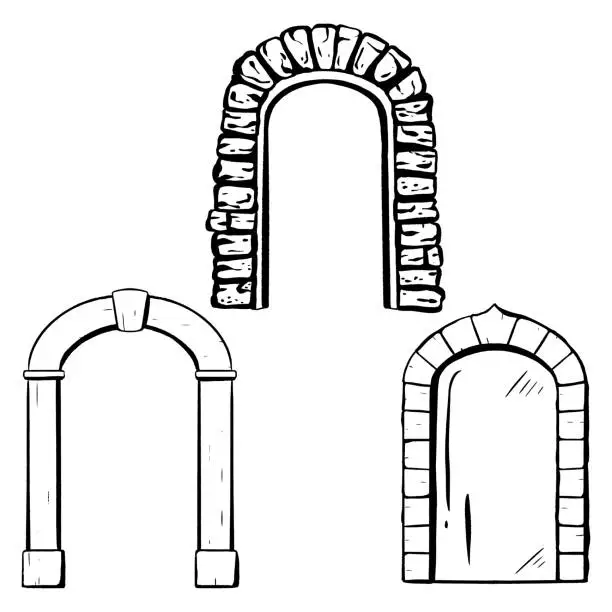 Vector illustration of Set. Ink hand-drawn vector. Wooden. Glass door adorned with a stone arch. Entrance to a shop or restaurant. Antique exterior element. Closed entry. Wedding arch. An elegant addition to building design