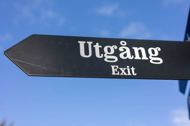 istock Signpost with the word 'exit' in Swedish against a bright blue sky background 1811012657