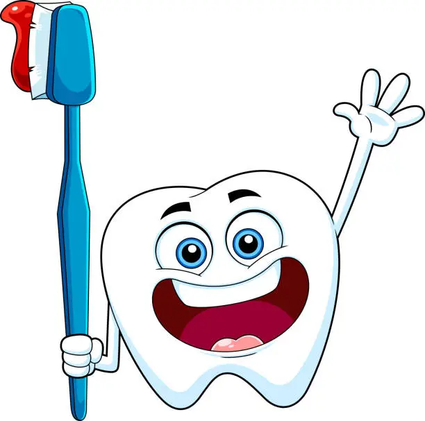 Vector illustration of Cute Tooth Cartoon Character Holding A Toothbrush And Waving