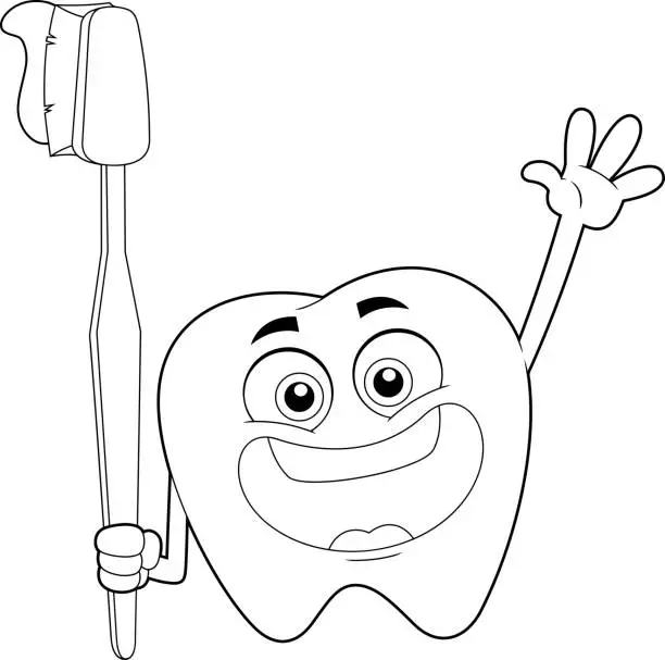 Vector illustration of Outlined Cute Tooth Cartoon Character Holding A Toothbrush And Waving