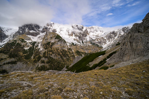 Hochschwab on a cloudy day in springtime, mountains still covered with snow