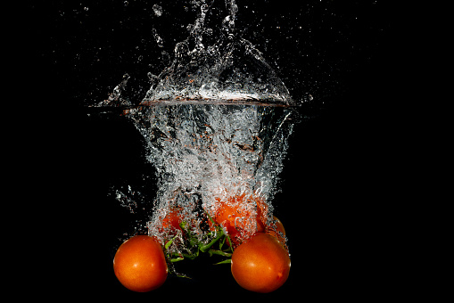 A bunch of tomatoes falling into water with a black background creating bubbles and a splash